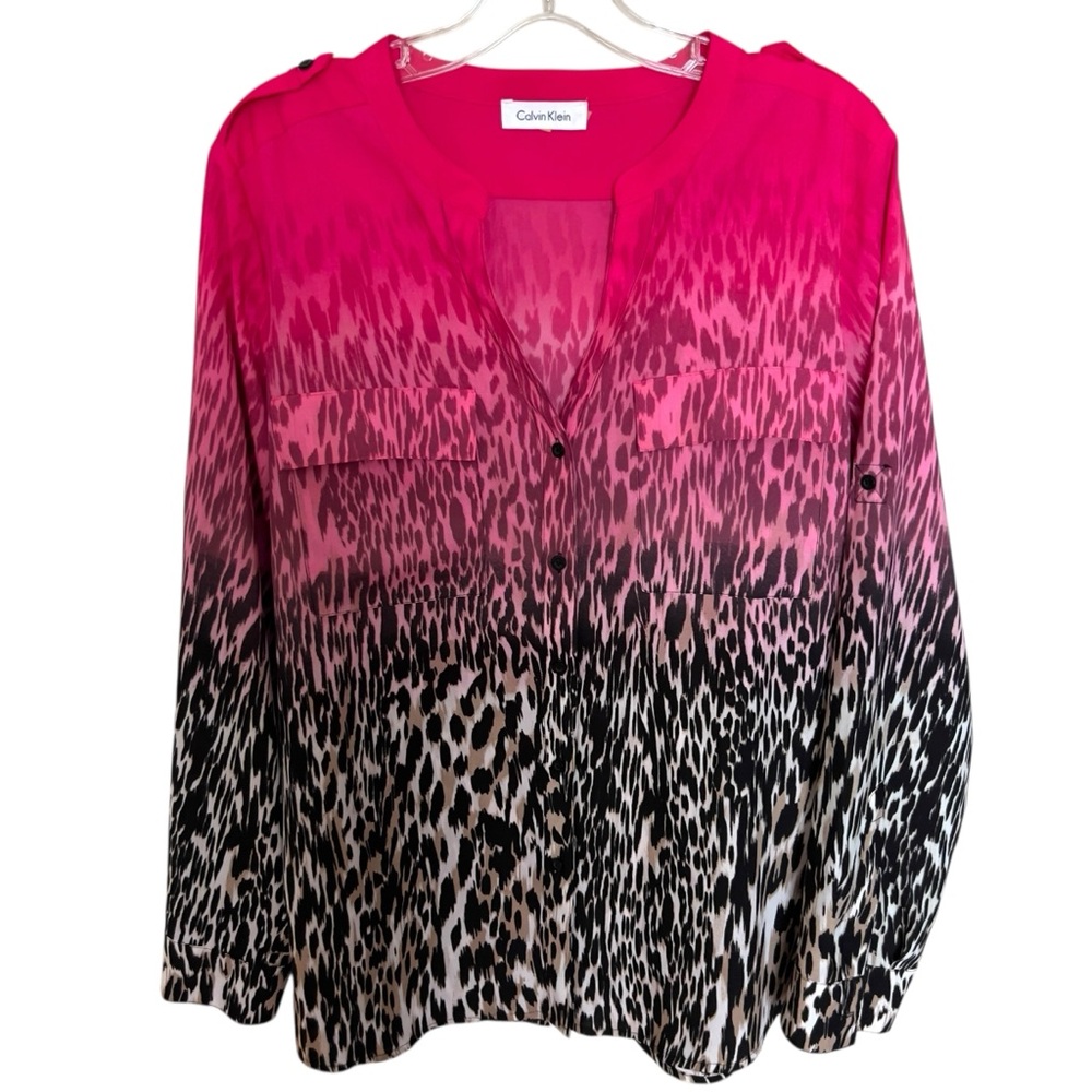 Calvin Klein Women's Pink Ombre Leopard Animal Print V-Neck Blouse No Size